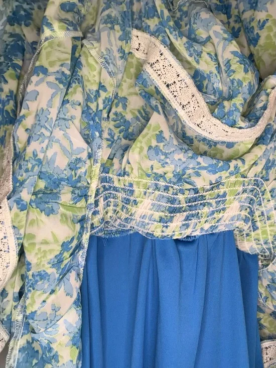 Taylor Blue & Lime Floral Tiered Wrap Midi Dress with Lace Trim —#129 - Picture 3 of 10